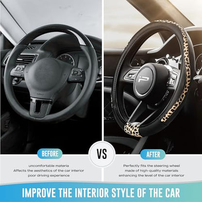 Road Comforts Steering Wheel Cover - Made with PVC Leather and Leopard Fabric - Universal 14 1/2 inches to 15 inches for Most Automotive Steering Wheel - Cheetah Print - Black - color: Round-Black
