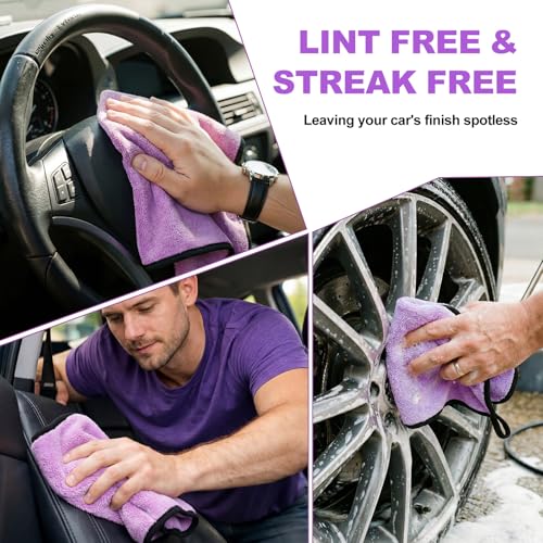 Tallew 12 Pcs Microfiber Towels for Cars, 800 GSM Plush Drying Cleaning Cloth Bulk, 16 x 16 Inch Thick Absorbent Wash Detailing Towels for Car Polishing, House, Kitchen Cleaning(Purple) - color: Purple