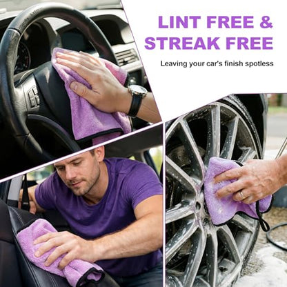 Tallew 12 Pcs Microfiber Towels for Cars, 800 GSM Plush Drying Cleaning Cloth Bulk, 16 x 16 Inch Thick Absorbent Wash Detailing Towels for Car Polishing, House, Kitchen Cleaning(Purple) - color: Purple