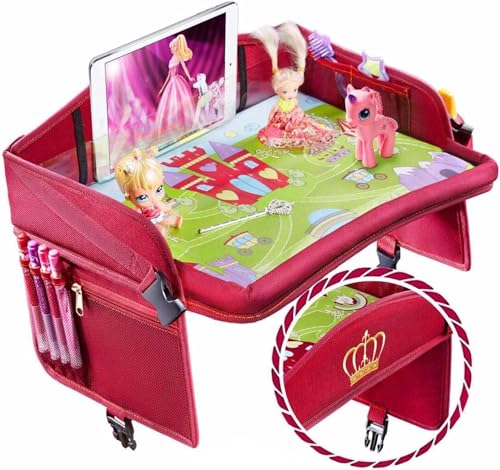 Coolmum Kids Travel Tray, Toddler Car Seat Tray, Double Sided Activity Organizer, Snack Lap Tray, Baby Stroller Table, Airplane Play Table, Waterproof and Foldable (Premium Red) - color: Premium Red
