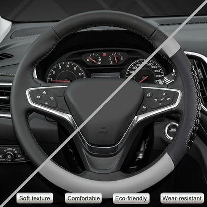 West Llama Nappa Leather Car Steering Wheel Cover Gel Massage,Cool in Summer,Universal 15 inch(Gray+Black-Standard Size) - color: F-Gray+Black, size: Standard size (14 ½''-15'')