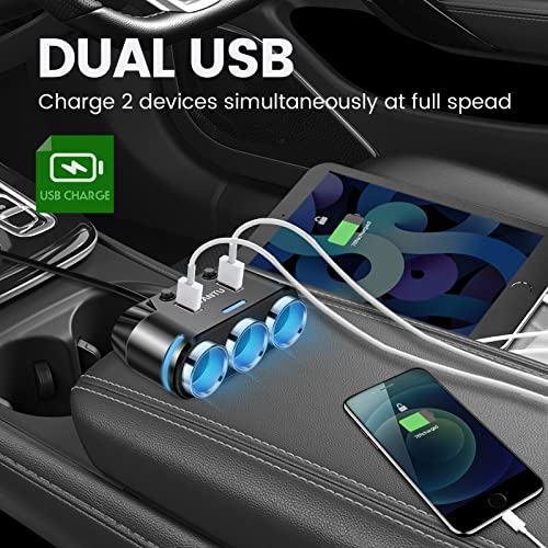 YANTU Cigarette Lighter Adapter & Splitter with 150W 3-Sockets & LED Ambient Lighting, Dual USB Fast Charging Car Outlet 12V, Car Cigarette Lighter Socket Plug Extension for Vehicles - color: BLACK