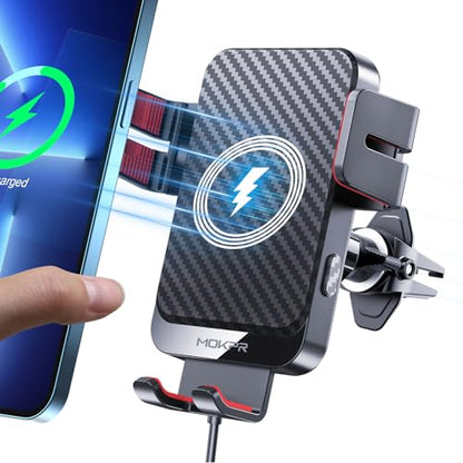 Wireless Car Charger, MOKPR 15W Fast Charging Auto-Clamping Phone Mount Air Vent Cell Phone Holder Compatible with iPhone 16 15/14/13/13 Pro/12 pro/12, for Samsung Galaxy S23/S22/S21/S20, Red - color: Red Arm