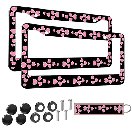 2pcs Pink Love Heart License Plate Frame for Women, Pink Love Hearts car Decorative tag Frames Girly,Beautiful License Plate Cover Holder for Vehicle with Double Sided car Keychain tag - color: for pink love