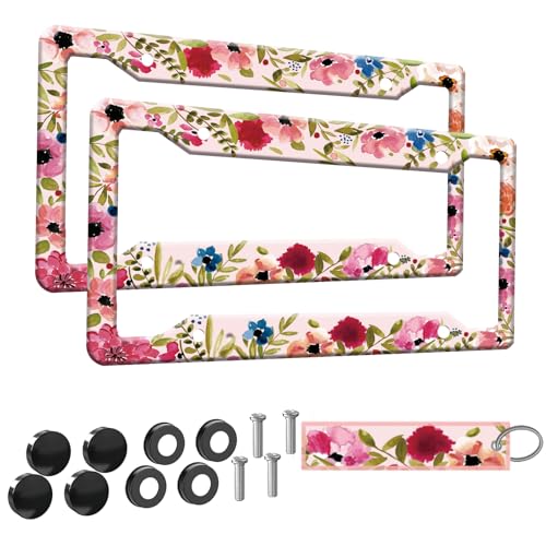 2pcs Abstract Flowers Floral License Plate Frame for Women,Pink Flowers Floral car Decorative tag Frames Girly,Hand-Painted Artistic Pink Flowers Floral License Plate Cover Holder for Vehicle - color: for Artistic Flower Pink