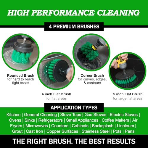 Kitchen Drill Brush Set - Drill Powered Cleaning Tools for Stainless Steel Sink, Copper Sink, Stove Top, Oven, Pots, Pans, & Cabinets - Pot Scrubber - Air Fryer Cleaning Brush Set- Stove Cleaner Kit - color: Green
