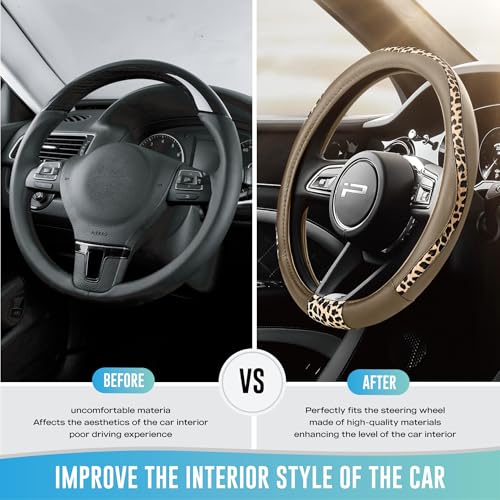 Road Comforts Steering Wheel Cover - Made with PVC Leather and Leopard Fabric - Universal 14 1/2 inches to 15 inches for Most Automotive Steering Wheel - Cheetah Print -Beige - color: Round-Beige