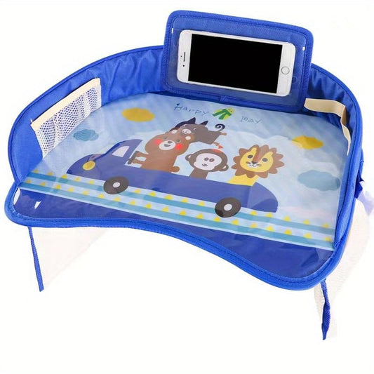 Kids Travel Tray for Car Seat – Toddler Lap Desk with Dry Erase Board, No-Drop Tablet Holder, Cooler Cup & Snack Storage, Road Trip Essentials for Airplane & Car Activities (Blue)
