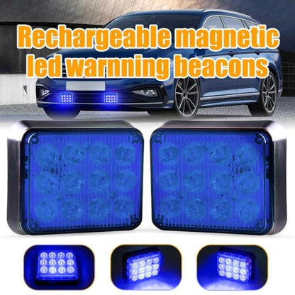 2PCS Rechargeable Flashing Lights for Vehicles, 12-Led Blue Emergency Strobe Lights, Battery Powered Strobe Caution Warning Beacon Lights with Magnetic for Trucks Trailers Car ATV Van RV SUV - color: Blue