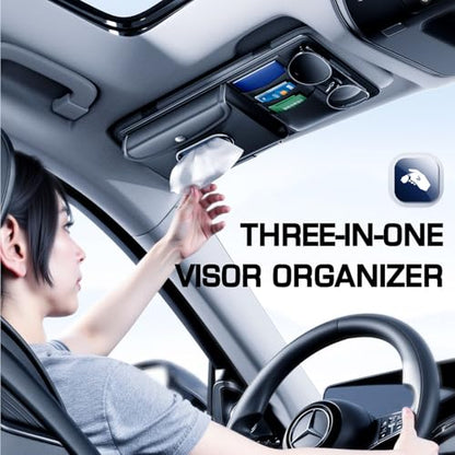Leather Car Visor Organizer with Tissue Holder, Card Holder and Sunglasses Clip