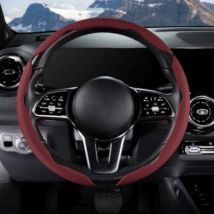Car Steering Wheel Cover Leather Snap On 3Pcs Set Non-Slip Protector Wrap Steering Wheel Accessories 14.5-15 inch Universal Wine Red - color: Wine Red
