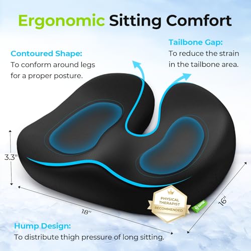 AUVON Multi-Layer Gel Seat Cushion for Ideal Support & Softness, Cooling Memory Foam Office Chair Cushion for Hemorrhoid, Sciatica & Tailbone Pain Relief, Anti-Slip Back Seat Pillow