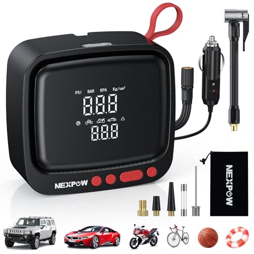 NEXPOW Tire Inflator Portable Air Compressor 150PSI 12V DC Air Pump with Dual Digital Pressure Gauge & Auto Shut-Off, Air Compressor Portable with LED Light for Car, Motorcycle, Bicycle, Ball and More - color: Red, size: Corded 150 PSI