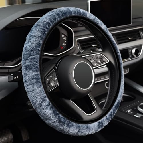 KAFEEK Elastic Long Microfiber Plush Steering Wheel Cover for Winter Warm, Universal 15 inch, Anti-Slip, Odorless, Gray - color: Gray