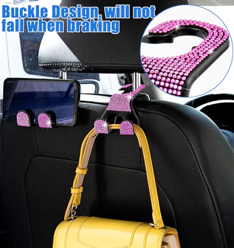 Bling Car Purse Hooks 2Pcs, Durable Car Headrest Hook, Holds 44Lbs, Double-Hooks, Wide-Opening, Rhinestone Automobile Purse Hangers Holder, Bling Car Accessories for Women, Pink - color: Bling Pink