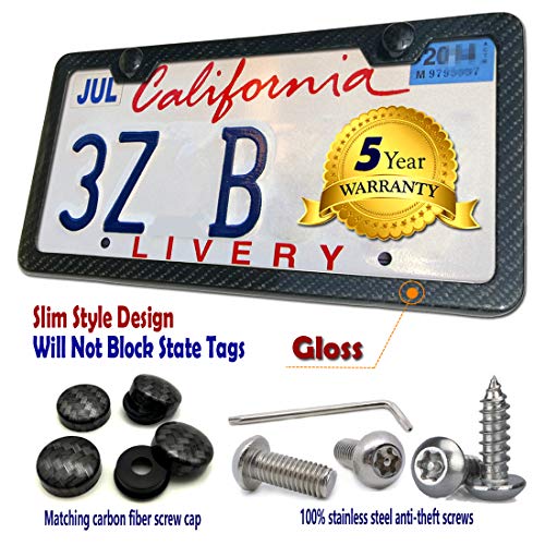 Aootf Carbon Fiber License Plate Frame - Stainless Steel License Plate Cover Handmade Covering 100% Real Carbon Fiber | Stainless Steel Tamper Proof Screws, Caps, 2 Hole Gloss Slim Frame-1 Pack - style: 1 Pack-Slim Edge 2 Hole
