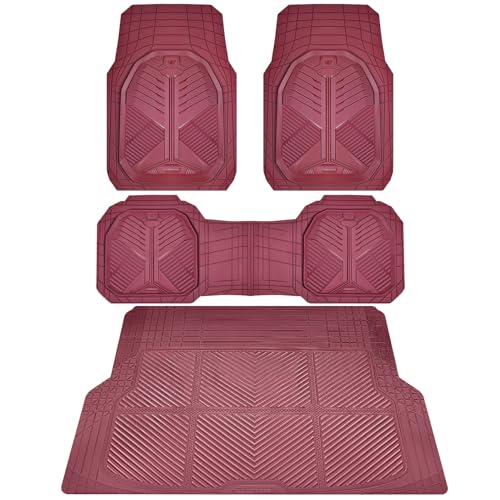 CAR PASS Heavy Duty Rubber Car Mats with Cargo Liner, Deep-Dish Car Floor Mats and Trunk Mat All Weather, Universal Trim-to-Fit for SUVs Trucks Sedans, Waterproof Anti-Slip, Trimmable V12 Burgundy - color: Red Full Set