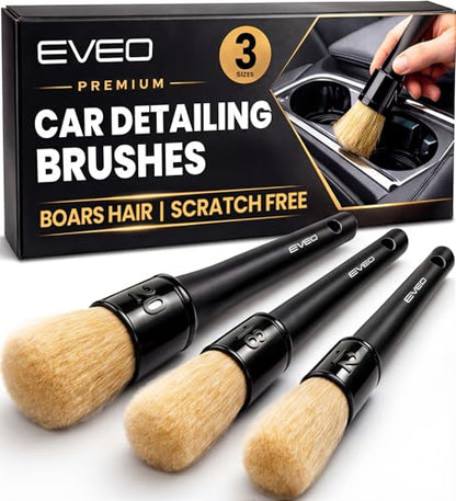 EVEO Car Detailing Brush Set - (3 Pack) Car Detailing Kit Interior, Car Interior Detailing Kit Car Detailing Brushes - Car Cleaning Brush, Car Detailing Brushes, Car Detailing Tools | Soft Boars Hair