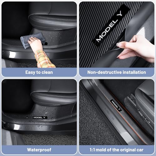 Carbon Fiber Door Sill Protector for Tesla Model Y Juniper 2025-2026 - Front & Rear Entry Guard Scuff Plate Set, 8PCS All-Weather ABS Interior Accessories