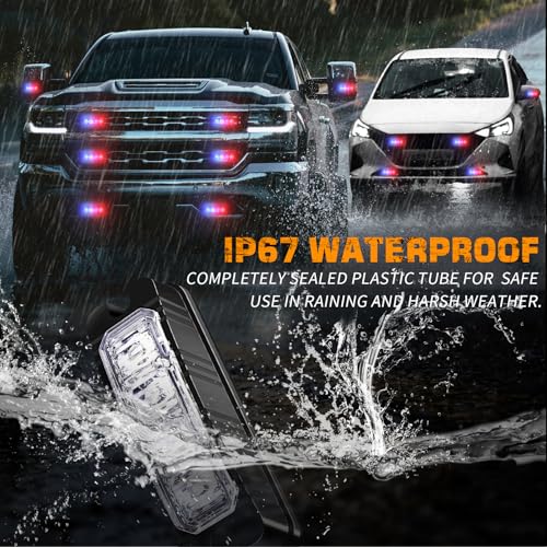 XRIDONSEN 8PCS Sync Grill Police Lights for Truck 32 LED Red Blue Emergency Strobe Lights Flashing Warning Hazard Caution Safety Surface Mount Grille Light for Law Enforcement Vehicles Pickup Car SUV