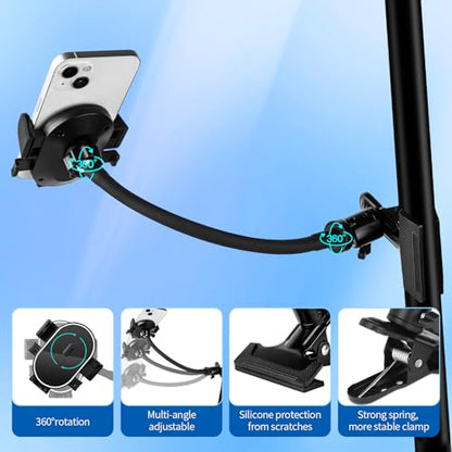 ROCKFREE Clip Phone Holder with 360° Gooseneck Arm & Auto-Locking Clamp,Short/Medium/Long Arm Options for Desk, Mic Stand, Table,Treadmill – Fits 4-7" Smartphones(Long-9.84 inch Arm) - size: Long-9.84 Inch Arm