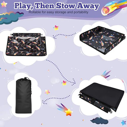 Airplane Tray Table Cover for Kids with Pockets, Foldable Tray Table Organizer for Toddler, Plane Travel Essentials Must-Haves for Train Buses High Chairs and Flying Supplies (Meteor Black)