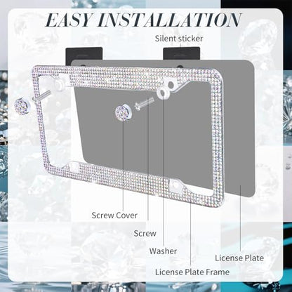Timtin 2 Pcs Bling License Plate Frame Sparkly Rhinestone Diamond Accessories Stainless Steel Front License Plate Cover with Bling 4 Crystal Tire Valve Caps 1 Start Ring Sticker(Colorful) - color: Colorful