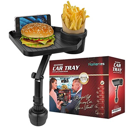 Premium Car Cup Holder Tray - Adjustable Food Tray with Cup Holder & Phone Slot - Premium Car Tray Table with 360° Swivel Arm for Easy Turning from Driver to Passenger Seat - Gift for Men and Women