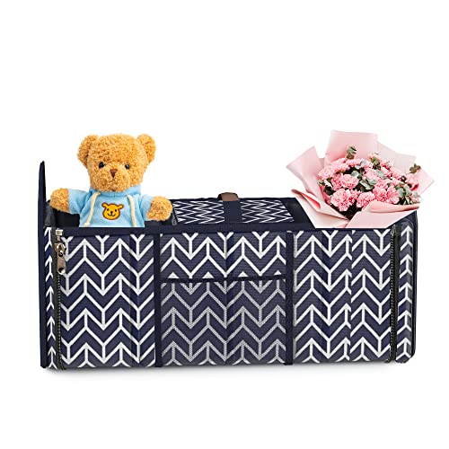 Orionstar Trunk Organizer, Foldable Car Storage Bag Portable Insulation Cooler Bag Collapsible Vehicle Organizer Divider Storage Totes with 3 Compartment Cargo Tote for Groceries Caddy SUV, Navy Blue