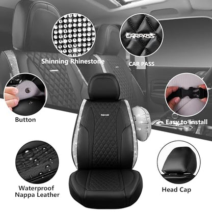 CAR PASS Bling Leather Car Seat Covers & Black Nappa Leather Calfskin Seat Cushioned Protector, Waterproof Anti-Slip Universal Fit SUV Truck Sedan, Glitter Sparkly Shining Rhinestone, Silver Diamond - color: Black and Silver Diamond, size: Full Set