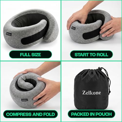 Travel Neck Pillow Memory Foam – Best Airplane Neck Pillow for Long Flights, Soft Ergonomic Neck Support, Compact Travel Pillow for Plane & Car, Airplane Travel Essentials