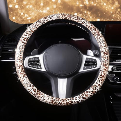AUTOYOUTH Leopard Print Steering Wheel Cover - Bling Crystal Rhinestones Cheetah Print on PVC Leather Non-Slip Breathable Design for Women/Girls Universal Fit 14.5-15 Inch - color: GOLD