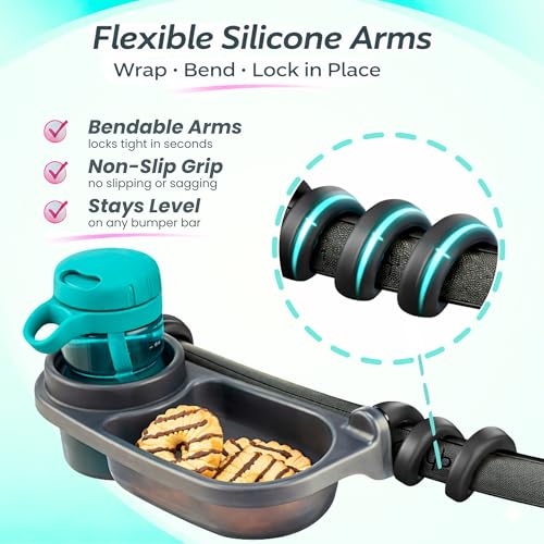 Swanoo Universal Stroller Snack Tray | Compatible With Nuna Mockingbird Bugaboo Uppababy | Stroller Bumper Bar Tray Attachment with Cup Holder | Baby Toddler Disneyland Essentials Stroller Accessories - color: Dark Grey
