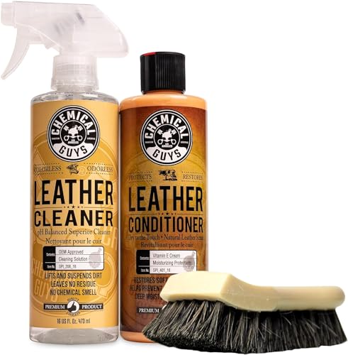 Chemical Guys SPI410 Leather Cleaner and Conditioner Bundle with ACC_S95 Long Bristle Horse Hair Leather Cleaning Brush, Safe for Car, Home, Office, & More (3 Item Bundle with 2-16 fl oz Bottles) - style: 16 Fl Oz KIT + BRUSH