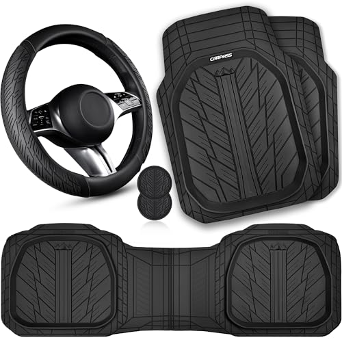 CAR PASS Leather Rubber Steering Wheel Cover 14 1/2” -15”,Tire Tread Pattern Design,Non-Slip Wear-Resistant, Heavy Duty Deep-Dish Car Floor Mats, Trim-to-Fit Car Mat,Fit for Steering Wheel Black - color: All Black Combo Sets 38