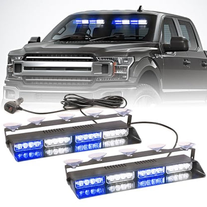 2 in 1 LED Emergency Dash Strobe Light Bar Front/Rear Windshield Safety Flashing Warning Hazard Interior Lights for Police Firefighter Construction Vehicles Trucks (2x14 inch, Blue/White) - color: #06 Blue/White