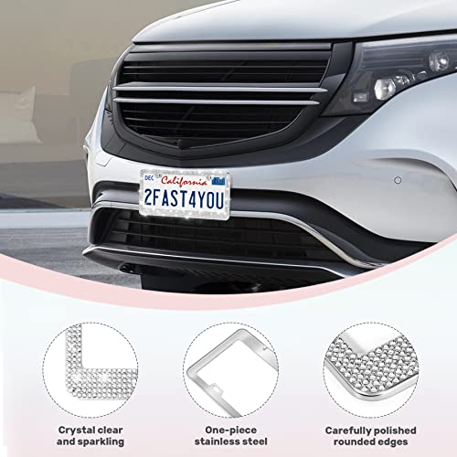 QUANQIUFEI 1 Pack Bling License Plate Frames, Sparkly Rhinestone Diamond Car License Plate Cover for Women, Stainless Steel Car Accessories with Glitter Crystal Caps (1 Pack White) - color: 1 Pack White