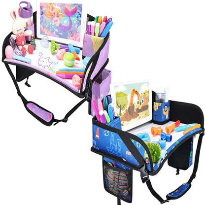2PCS Kids Travel Tray for Airplane - Toddler Car Seat Table Tray, Road Trip Essentials for Boys & Girls, Carseat Lap Desk for Kids Road Trip Activities (Dark Blue Car/Purple Mermaid) - color: Dark Blue Car/Purple Mermaid--2PCS