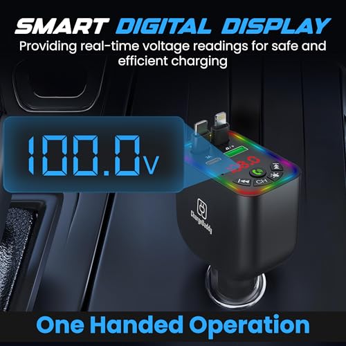 Bluetooth 5.3 Car FM Transmitter with 120W Max Power, Retractable Cables (80cm), Digital Display, Hands-Free Calling, Noise Canceling, and Dual Device Charging