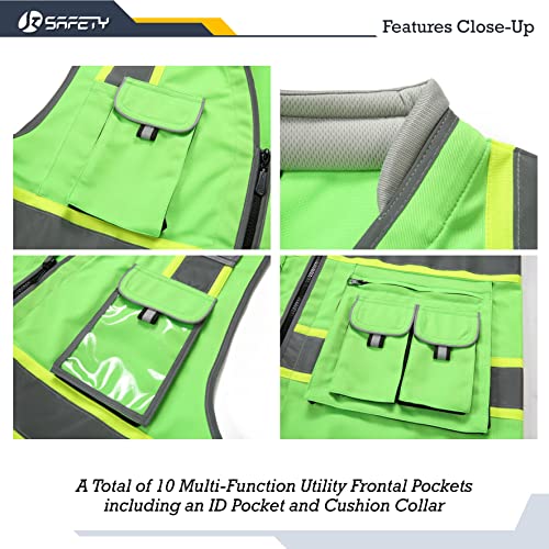 JKSafety 10 Pockets Hi-Vis Zipper Front Fluorescent Green Safety Vest | Cushioned Collar | High Reflective Tapes with Extended Neon Yellow Strips | Meets ANSI/ISEA Standards (Large, 89-Green) - color: Greent1s1, size: Large