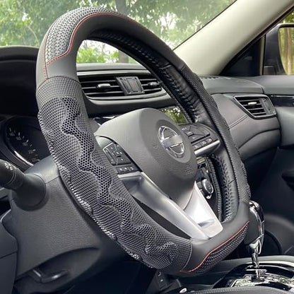 PINCTROT D Shaped 14.5-15 Inch Steering Wheel Cover Great Grip with 3D Honeycomb Anti-Slip Design, Flat Bottom 14.5-15 Inch (Black/Red Stitch) - color: 8.D-shaped,Black (Red Trim), size: Medium(Standard) Size[14 1/2''-15'']