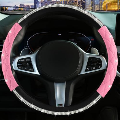 Steering Wheel Cover，with Diamond Crystal Rhinestone,Delicate and Anti-Slip Bling Steering Wheel Cover ，Adaptable to 14.5-15 inches Car Wheel Protector for Women Girl ，Black & Pink - color: Black+Pink