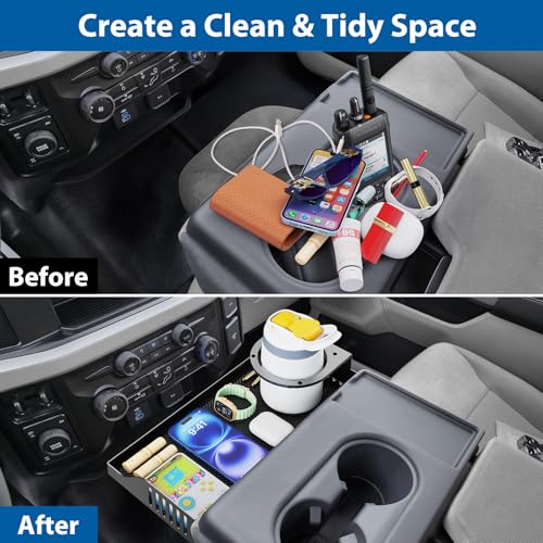 All Metal Front Center Seat Headrest Organizer Compatible with 2011-2025 2026 Ford F150 F250 F350 F450 F550 F650 Accessories, Compartment Tray Container Storage Box with Cup Holder(Jump Seat Only) - style: Organizer with Cup Holder