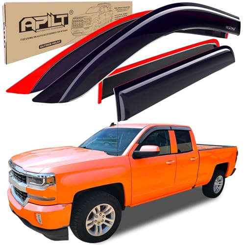 Outside-Mount Rain Guards Window Visors for 2014-2018 Chevrolet Silverado/GMC Sierra 1500,2014-2018 Silverado/Sierra 2500&3500HD Double Cab Truck Accessories Dark Smoke 4-Piece Set with Thicker - color: Medium（Full-Size）, size: 2014-2018 Silverado&Sierra