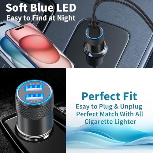 [Apple MFi Certified] iPhone Fast Car Charger, Braveridge 2Pack 4.8A Dual USB Car Power Cigarette Lighter USB Car Carplay Charger with Lightning Braided Cable for iPhone 14 13 12 11 Pro XS XR X 8 iPad - color: Carbon Black