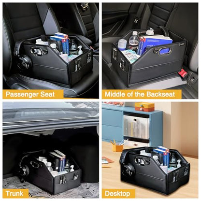 Car Seat Organizer for Back Seats&Front-Foldable PU Leather Storage with Adjustable Dividers,2 Cup Holders&7 Mesh Pockets-Detachable Design with Metal Handles for Kids Travel,Toys,Snacks
