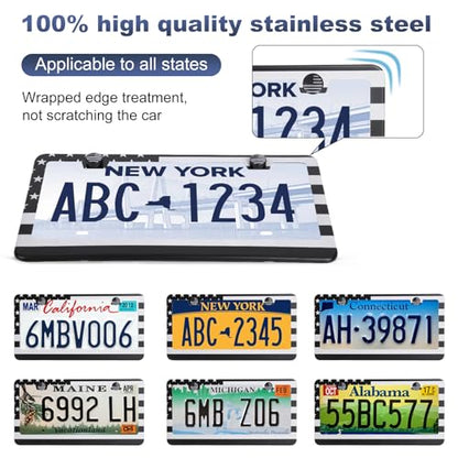 QUANQIUFEI 2 Pack License Plate Frames, Stainless Steel Car License Plate Cover Car Accessories with Screw Caps (Grey and Black) - color: Grey and Black