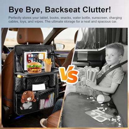 Car Backseat Organizers 2-Pack with Foldable Tray - PU Leather Back Seat Car Organizers with 11 Storage Pockets, Tablet Holders, Kick Mats Protectors for Kids Family Travel Essentials (Black) - size: 2 Pack