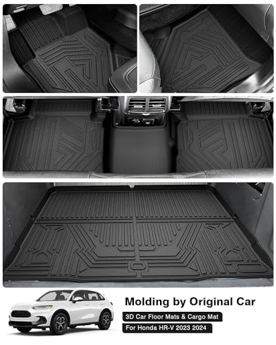 Powerty Floor Mats & Cargo Liner for 2023 2024 2025 2026 Honda HRV HR-V Accessories Floor Mats 2 Row Liner Set All Weather TPE 3D Floor Liners&Rear Cargo Mat - size: 4)Honda HR-V｜23-26｜Combo Set