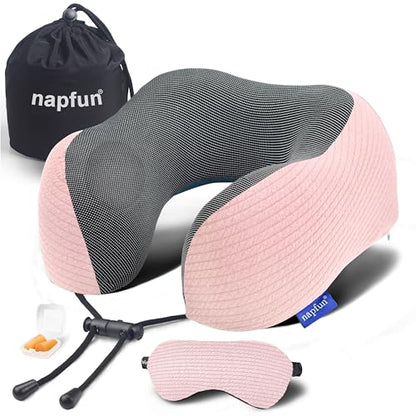 napfun Neck Pillow for Travel with Travel Pouch, Sleep Mask & Earplugs, Memory Foam Airplane Pillow for Headrest Sleep with Eyeshades, Plane Essentials with Eye Blindfold, Pink Striped Kit - color: Pink Striped Kit